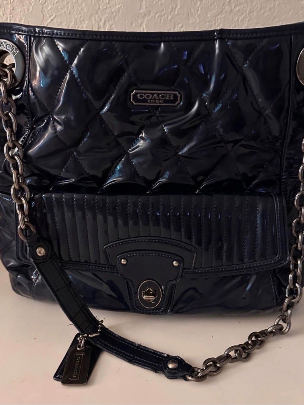Coach 18673 Blue Quilted Shoulder Bag Chain Strap Push Lock Gray Lining
